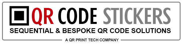 A logo for QR Code Stickers, featuring the text "QR CODE STICKERS" with "QR" in red and the rest in black and grey. Below it reads "SEQUENTIALLY NUMBERED & BESPOKE QR CODE SOLUTIONS." At the bottom, it says "A QR PRINT TECH COMPANY.
