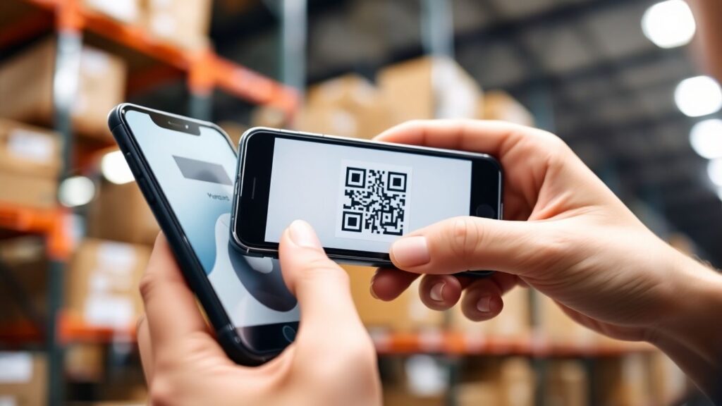 Smartphone scanning QR code on asset tag.