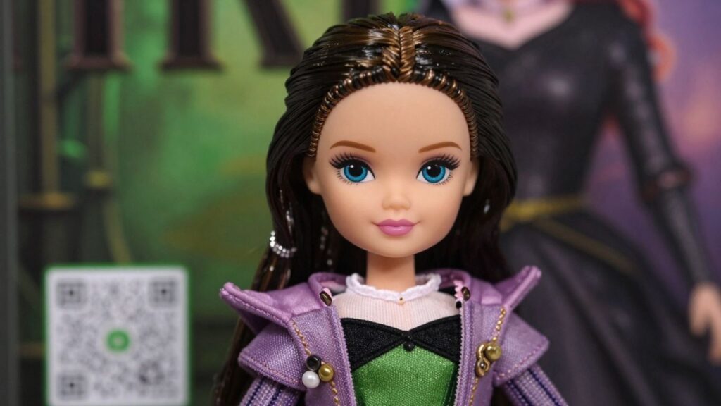 Wicked movie doll with QR code on packaging.