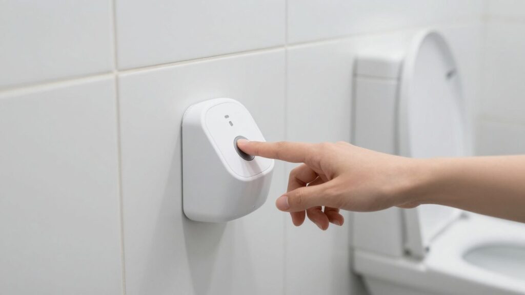 Modern public toilet with sensor flush technology.