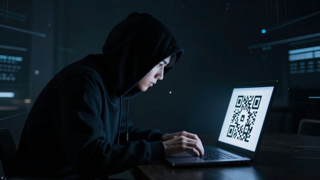 QR code phishing attack on a laptop screen.