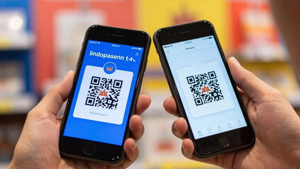 Singapore and Cambodia QR codes on phone screens.