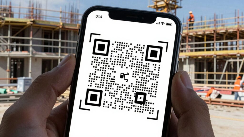 Smartphone displaying QR code on blueprint at construction site.