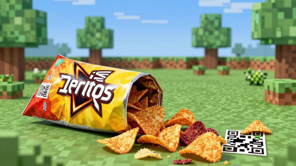 Doritos bag and Minecraft world with QR code.