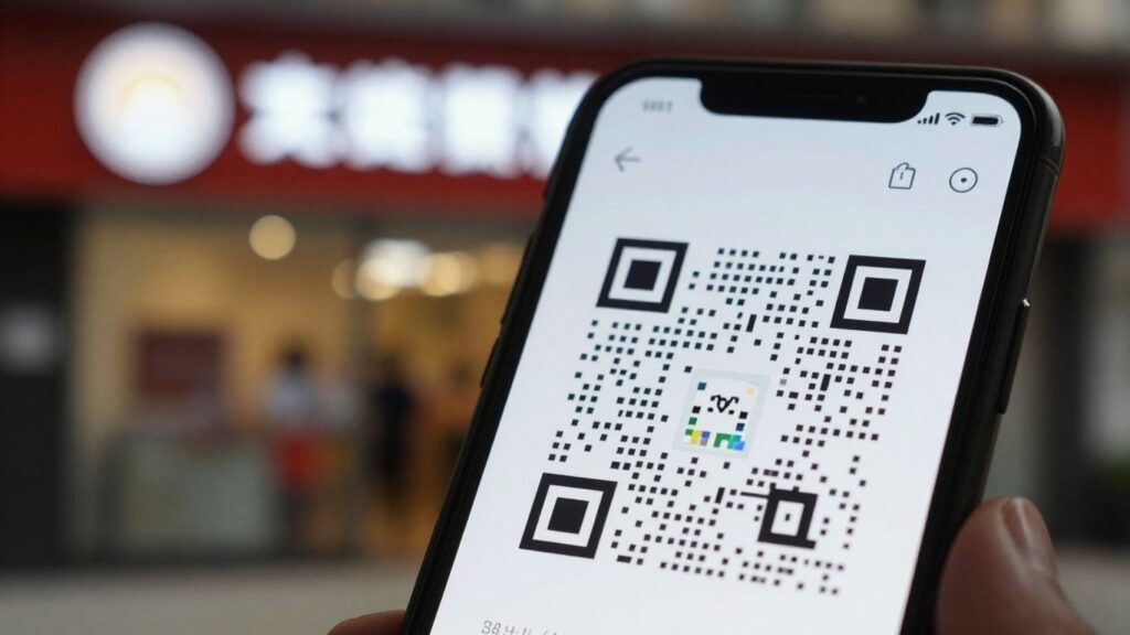 Smartphone scanning a QR code in a business setting.