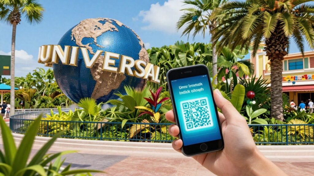 Universal Orlando guest uses phone QR code for park entry.