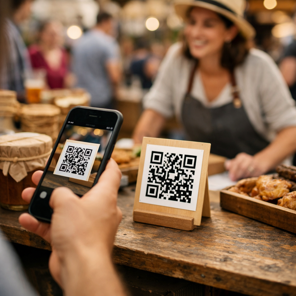 Customer scanning a QR code sticker at a market stall