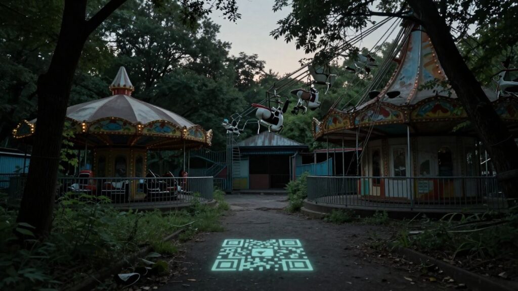 Eerie abandoned amusement park with a subtle glowing QR code.