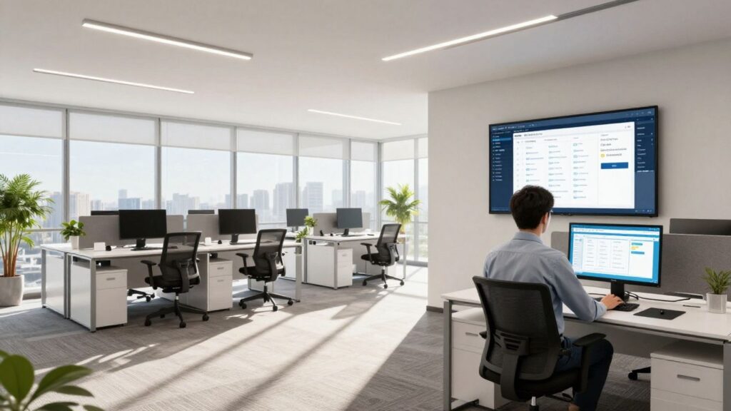 Modern office with organized workstations and digital asset management.