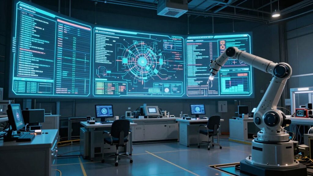 Futuristic control room with holographic displays and robotic arms.