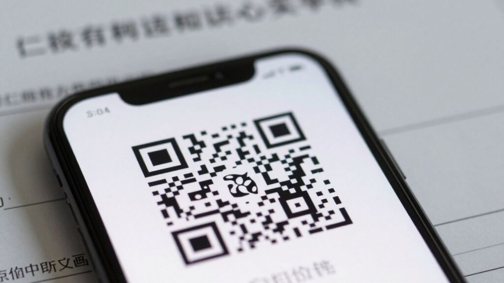 Smartphone scanning a QR code on a document.