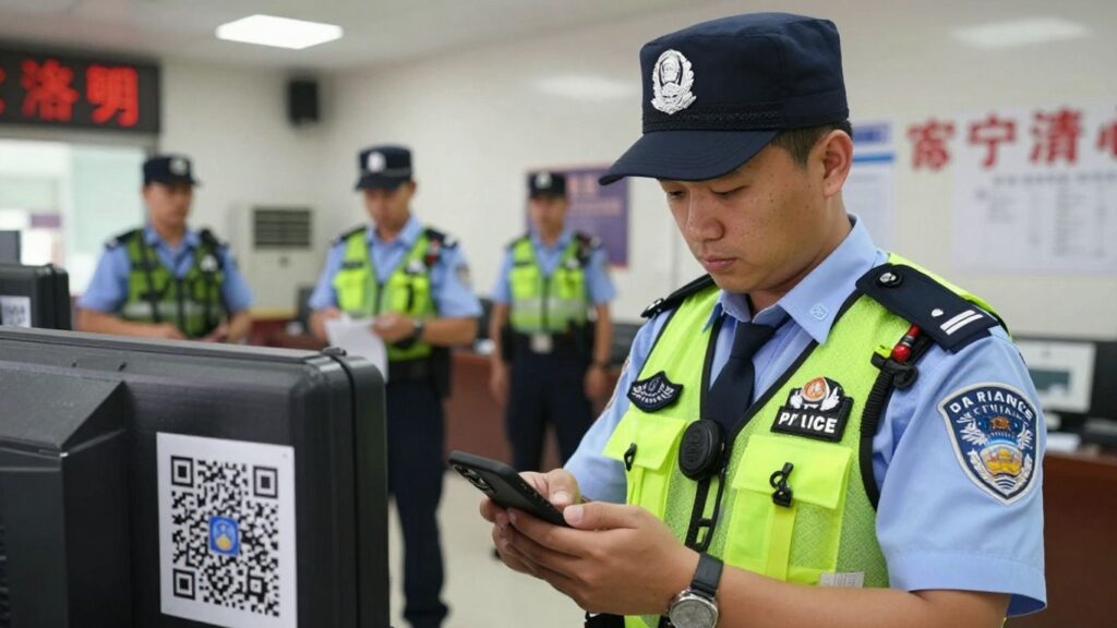 Police officer scanning QR code on equipment.