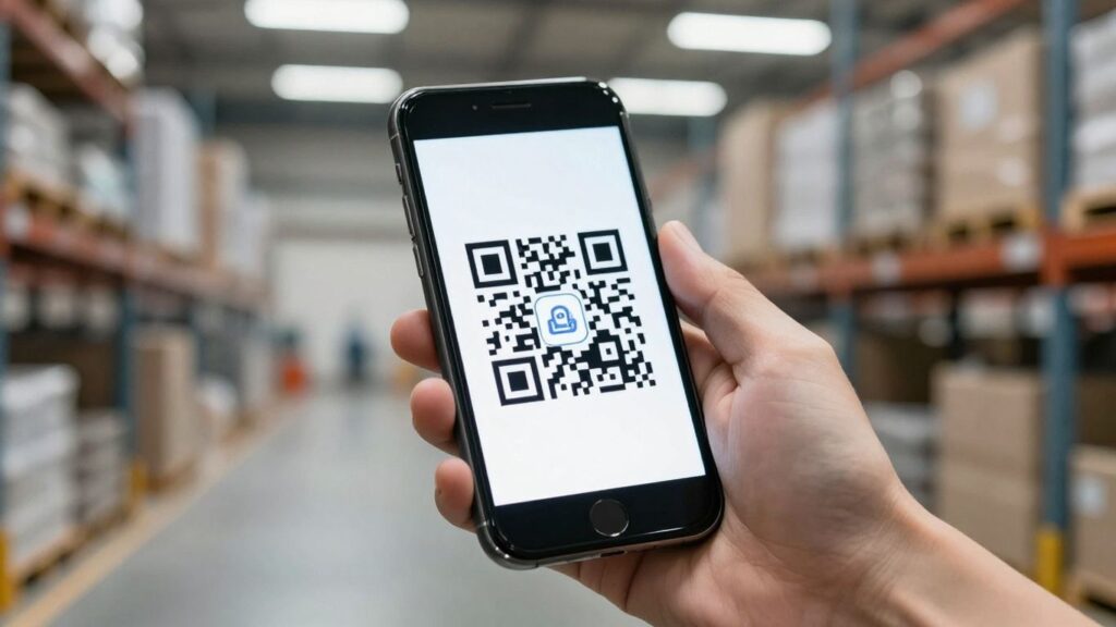 Smartphone scanning a QR code for asset tracking.